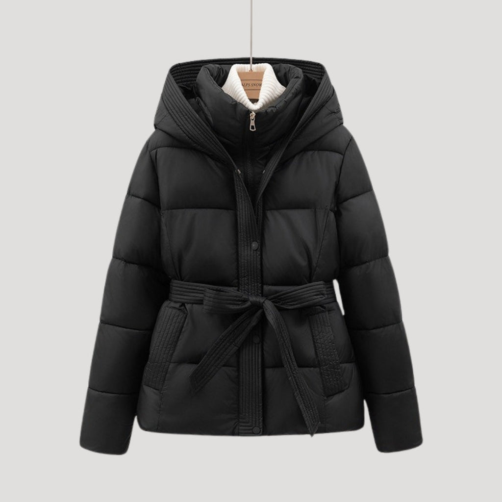 Sophia | Women's Black Puffer Jacket with Hood & Belted Waist | Warm Winter Coat for Style and Comfort 6