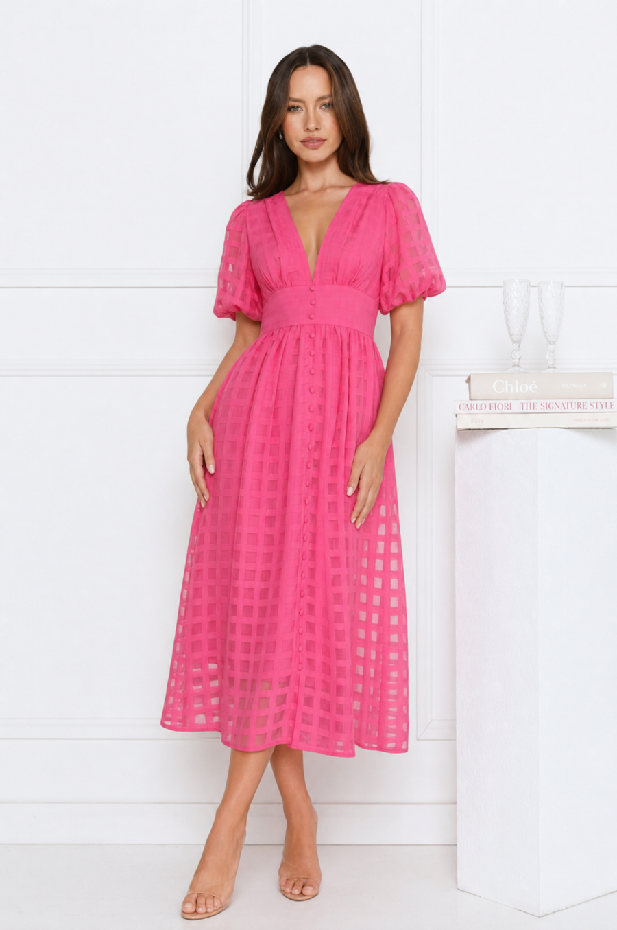 Emily elegant airy lace midi dress with V-neck and puff sleeves – product photo 1